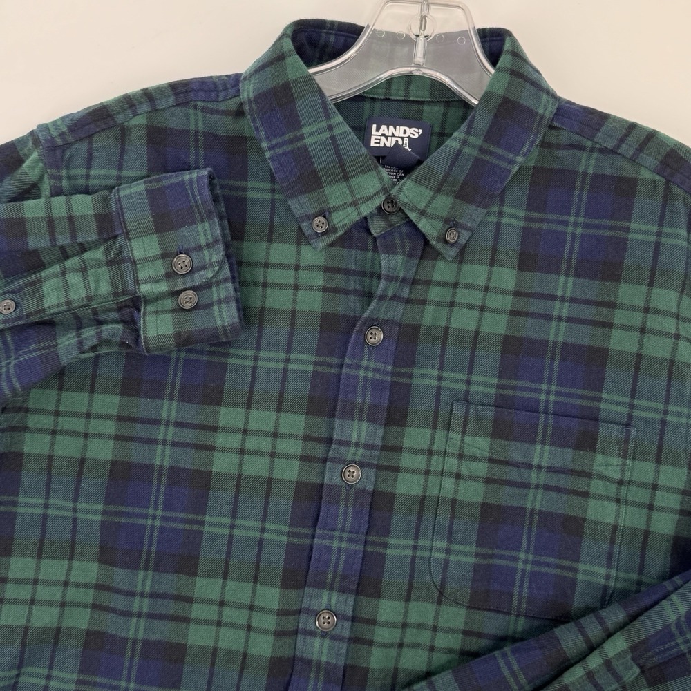 Lands' End Men Large Flannel Shirt Black Watch Plaid Cotton Button Down Flagship